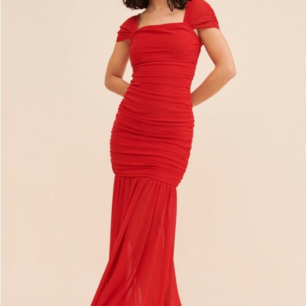 Elliatt Red Ruched Maxi Gown with Puff Cap Sleeves